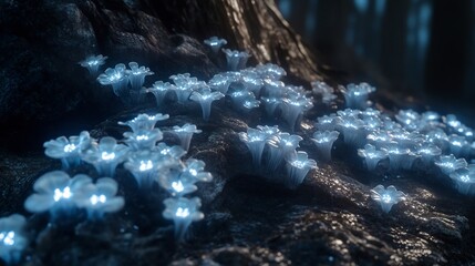 Poster - Alien bioluminescent mushrooms growing clusters on a rocky terrain casting faint light across a dark and isolated landscape