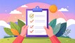 © Saowalak - Bright clipboard checklist held by hands in a vibrant outdoor nature scene with green leaves and glowing sun showcasing task completion