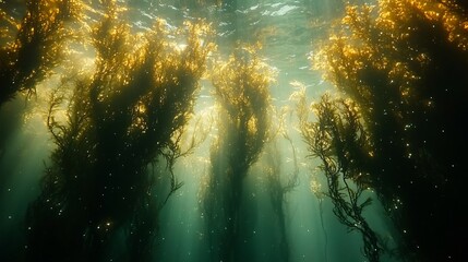 Poster - Alien sea creatures bioluminescent markings swimming in a glowing kelp forest soft light reflecting off the oceans surface