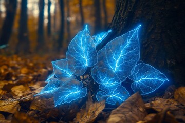 Poster - Alien looking bioluminescent fungi glowing forest floor vivid neon light exotic mycology concept surreal natural environment