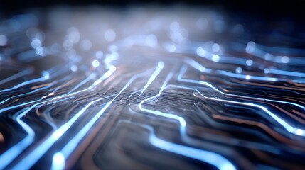 Futuristic blue circuit lines on geometric tech background, symbolizing digital innovation and advanced technology

