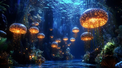 Poster - Alien ocean planet where glowing sea creatures and bioluminescent plants create a fantastical light display in the water