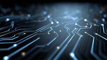 Futuristic blue circuit lines on geometric tech background, symbolizing digital innovation and advanced technology

