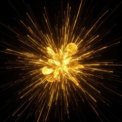 Golden digital coins exploding with radiant light rays on black background