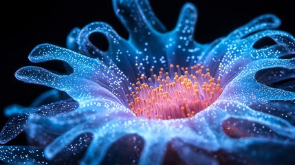 Poster - Bioluminescent anemone tentacles radiating pulse light marine macro composition with deep black background