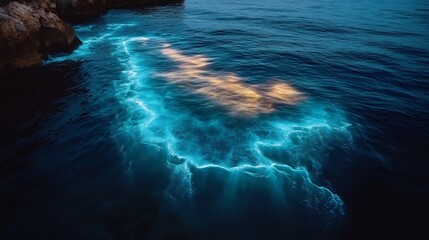 Fototapete - Bioluminescent aquatic plants glowing the deep ocean creating light patterns along the sea floor in a dark marine landscape