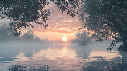 Wall Mural - Tranquil Dawn Serenity: The sun ascends, casting a gentle glow across a misty lake, embraced by serene trees in a picturesque landscape. Witness the dawn's peace.