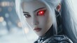 © anis rohayati - An Asian woman cyborg with red cybernetic eyes, long white hair, and futuristic armor, background wallpaper AI generated image