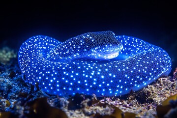 Poster - Bioluminescent creature curled ocean bed resembling coiled ribbon glowing edges emitting ambient blue light