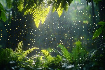 Poster - Bioluminescent fern spore gently falling through misty jungle air ambient fantasy light without text or humans