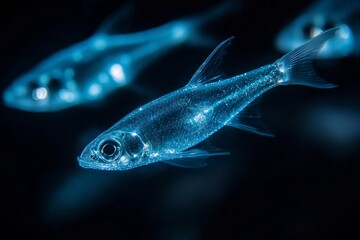 Poster - Bioluminescent fish swimming the ocean their bodies glowing brightly in the dark water illuminating their surroundings in a mysterious light