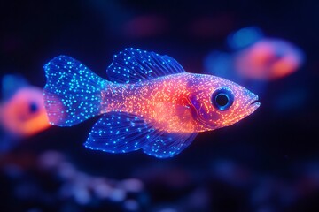 Fototapete - Bioluminescent fish swimming the ocean their bodies glowing brightly in the dark water illuminating their surroundings in a mysterious light