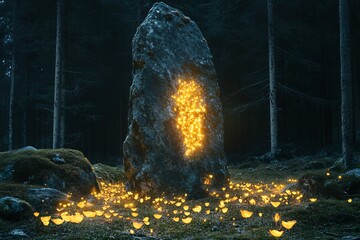 Fototapete - Bioluminescent flora growing around ancient forest stones glowing petals ambient light trails in mystical forest