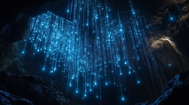 Bioluminescent glow worms hanging cave ceiling forming light curtain in total darkness unique underground biosphere