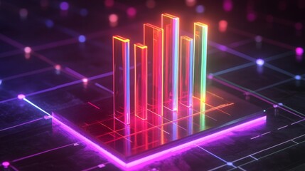 Poster - D bar graph with transparent bars on a digital grid, glowing neon lines on the base, creating a high-tech and futuristic data visual