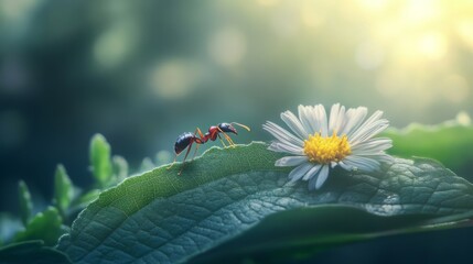 Poster - Ants interacting with a delicate flower on a leaf, highlighting the symbiotic relationship between insects and plants in a natural setting