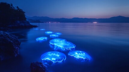 Poster - Bioluminescent jellyfish lighting up ocean floor creating a surreal light show as they move in the deep sea