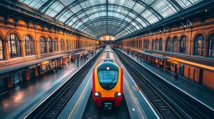 Fototapete - A dynamic shot of a modern train station interior, showcasing sleek lines and glass ceilings with natural light streaming in, highlighting contemporary design elements