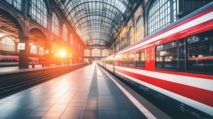 Poster - A dynamic shot of a modern train station interior, showcasing sleek lines and glass ceilings with natural light streaming in, highlighting contemporary design elements