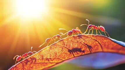 Poster - A group of ants climbing on the edge of a leaf, with intricate patterns of veins visible in the background, illustrating the beauty of nature