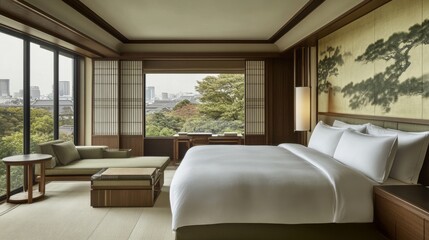 Aufkleber - A serene atmosphere captured in a Japanese bedroom with muted colors, showcasing a blend of traditional and modern furnishings for a peaceful retreat