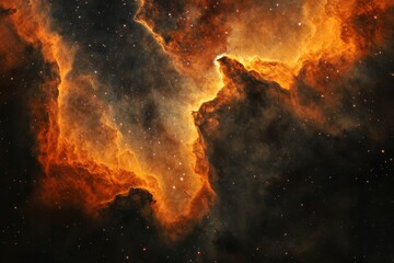 Wall Mural - dramatic close up of nebula formation in outer space with orange and black clouds and stars; abstrac