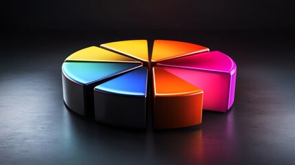 Poster - Dynamic D pie chart with bright, colorful slices, each part raised slightly, with soft lighting to highlight its shape on a dark background