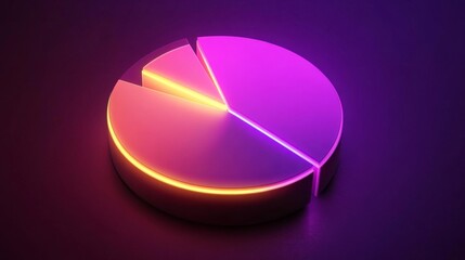 Poster - Perspective view of a D pie chart with glowing edges and neon-colored sections, floating on a dark background for a futuristic effect