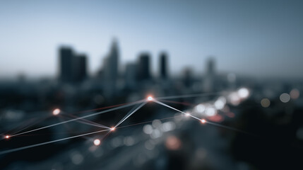 Wall Mural - urban network connection: a blurred cityscape at twilight, overlaid with a glowing network of interc