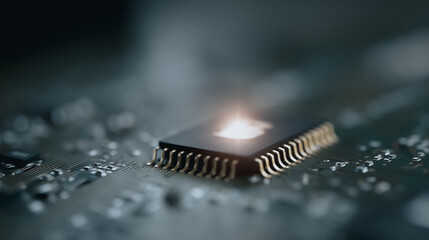 Wall Mural - silicon chip: an eye-level macro shot showcases a detailed, sophisticated silicon chip at the heart 