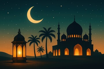 Wall Mural - serene night mosque silhouette