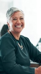 Poster - Face, business and woman in office, funny and smile with career ambition, confident personality and accounting. Mature person, economy specialist and expert in workplace, laughing or happy with humor