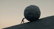 © Ascents - Silhouette figure pushing a large boulder up a hill illustrating a hardwork.