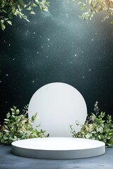 Wall Mural - a white pedestal with a white circle on it and a green bush in front of it