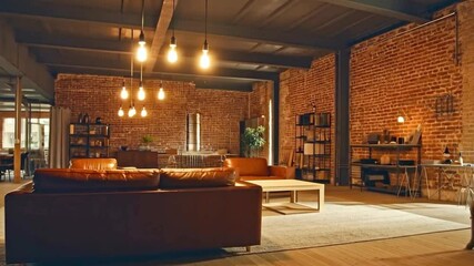 Poster - This modern living room features exposed brick walls and stylish lighting. A cozy leather sofa faces a relaxed seating area, creating an inviting atmosphere for social gatherings or quiet evenings.