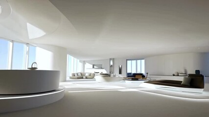 Aufkleber - A bright living room showcases an open layout with modern furnishings and sleek lines. Large windows allow for abundant natural light, creating an airy atmosphere.