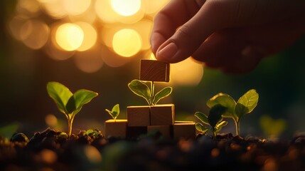 Aufkleber - Hand placing wooden cube on growing plant, representing growth and sustainability.