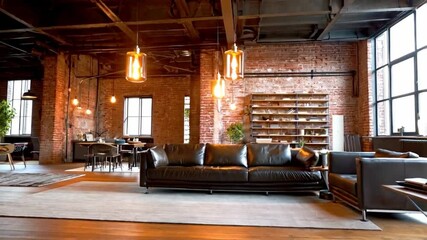 Poster - This cozy living room features a stylish leather sofa, warm pendant lighting, exposed brick walls, and a modern shelving unit.