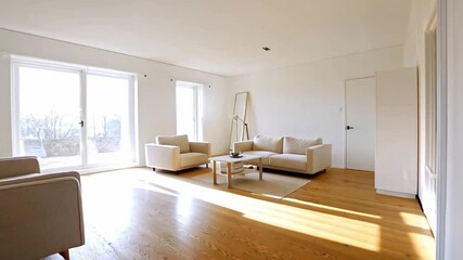 Poster - Modern living room showcases stylish furniture arranged for comfort. Large windows allow abundant natural light to fill the space, enhancing the open atmosphere with a serene wooden floor.