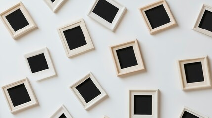 Aufkleber - Scattered empty picture frames on white background, top view.