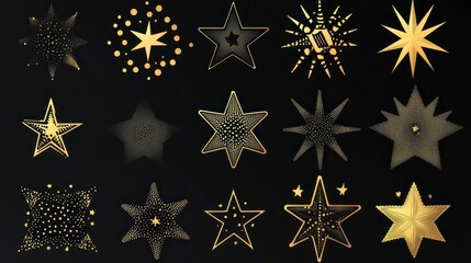 Aufkleber - Collection of golden and black star shapes on black background.