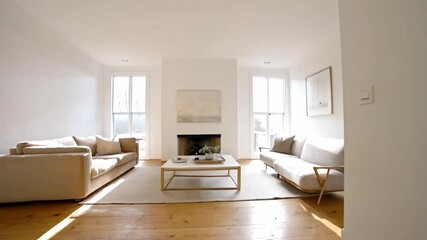Poster - A spacious living room features large windows allowing abundant natural light to illuminate the space. Comfortable sofas, a simple coffee table, and minimalist decor create a serene atmosphere.