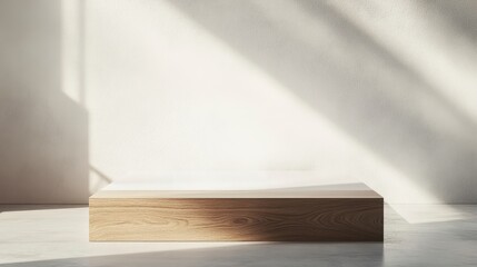 Poster - Minimalist wooden platform against a white wall, sunlit.