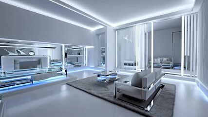 Poster - A contemporary living room features minimalist furniture, sleek lines, and ambient lighting. The space is elegantly designed with a futuristic feel, showcasing clean surfaces and stylish decor.