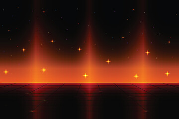 Wall Mural - retro cyberpunk pixel art game scene from the 80s. dark orange 8-bit sci-fi background. glowing neon