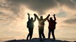 © Victoriia - Alaskan travelers go to top of snowy hill rejoice in victory against winter sunset. Business teamwork, victory and success. Tourists met on top of success. Victory success business people team work