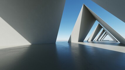 Fototapete - 3d render of abstract modern geometry architecture with empty cement floor, minimal exterior, car presentation background.