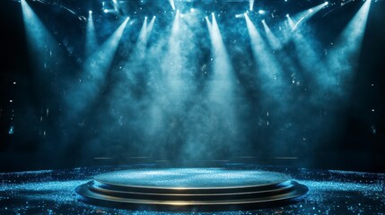 Aufkleber - Empty stage with blue spotlights and smoke, perfect for product display or event background.