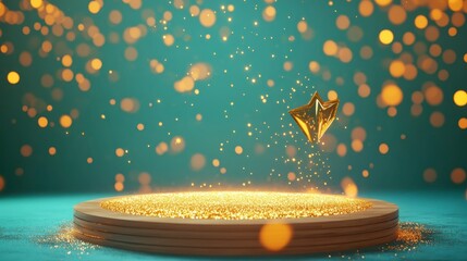 Poster - Golden star falling onto a glittering wooden podium against a teal background with bokeh lights.