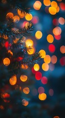 Wall Mural - abstract christmas tree branch with bokeh lights holiday festive background close up vertical winter